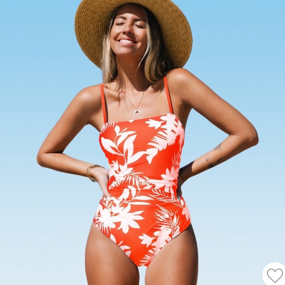 Cupshe Orange Tropical Floral Shirred Cutout, Square Neck One Piece Swimsuit NWT